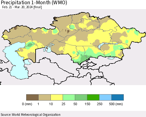 Kazakhstan Precipitation 1-Month (WMO) Thematic Map For 2/21/2024 - 3/20/2024