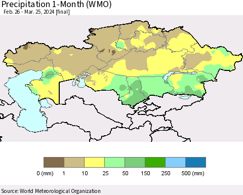 Kazakhstan Precipitation 1-Month (WMO) Thematic Map For 2/26/2024 - 3/25/2024