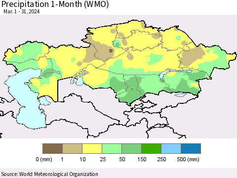 Kazakhstan Precipitation 1-Month (WMO) Thematic Map For 3/1/2024 - 3/31/2024