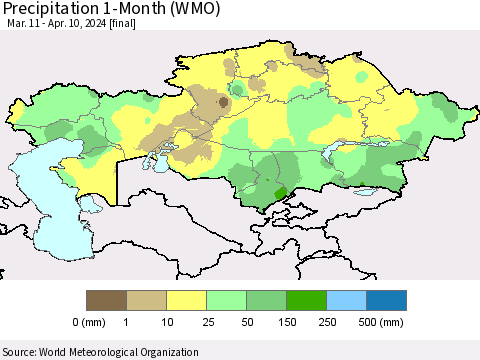 Kazakhstan Precipitation 1-Month (WMO) Thematic Map For 3/11/2024 - 4/10/2024