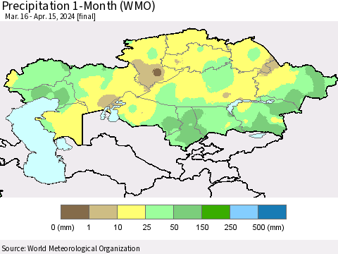 Kazakhstan Precipitation 1-Month (WMO) Thematic Map For 3/16/2024 - 4/15/2024