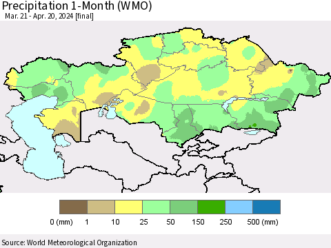 Kazakhstan Precipitation 1-Month (WMO) Thematic Map For 3/21/2024 - 4/20/2024