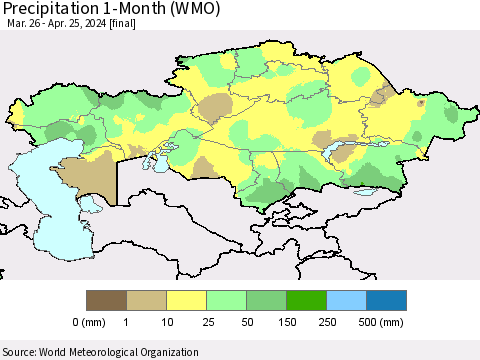 Kazakhstan Precipitation 1-Month (WMO) Thematic Map For 3/26/2024 - 4/25/2024