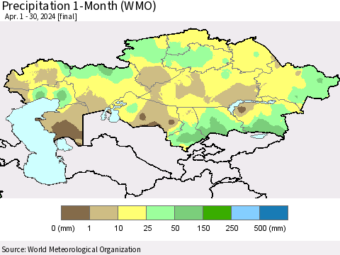 Kazakhstan Precipitation 1-Month (WMO) Thematic Map For 4/1/2024 - 4/30/2024