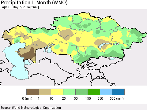 Kazakhstan Precipitation 1-Month (WMO) Thematic Map For 4/6/2024 - 5/5/2024