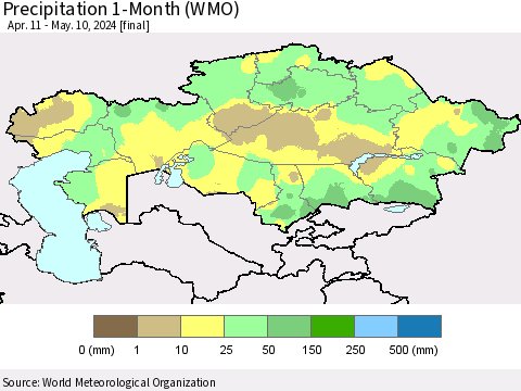 Kazakhstan Precipitation 1-Month (WMO) Thematic Map For 4/11/2024 - 5/10/2024