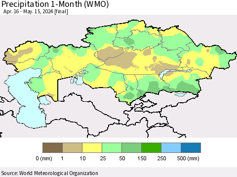 Kazakhstan Precipitation 1-Month (WMO) Thematic Map For 4/16/2024 - 5/15/2024