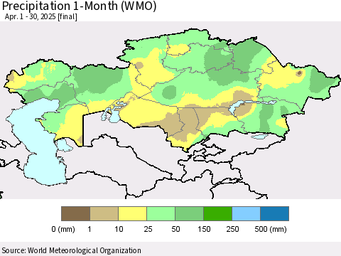 Kazakhstan Precipitation 1-Month (WMO) Thematic Map For 4/1/2025 - 4/30/2025