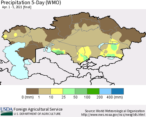 Kazakhstan Precipitation 5-Day (WMO) Thematic Map For 4/1/2021 - 4/5/2021