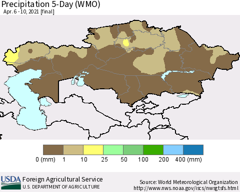 Kazakhstan Precipitation 5-Day (WMO) Thematic Map For 4/6/2021 - 4/10/2021