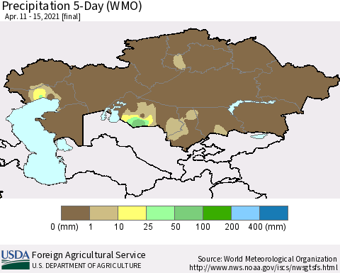 Kazakhstan Precipitation 5-Day (WMO) Thematic Map For 4/11/2021 - 4/15/2021