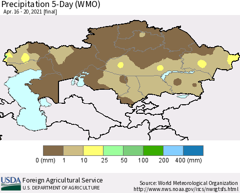 Kazakhstan Precipitation 5-Day (WMO) Thematic Map For 4/16/2021 - 4/20/2021