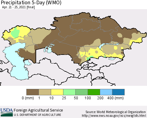 Kazakhstan Precipitation 5-Day (WMO) Thematic Map For 4/21/2021 - 4/25/2021