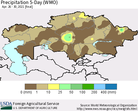 Kazakhstan Precipitation 5-Day (WMO) Thematic Map For 4/26/2021 - 4/30/2021