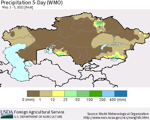 Kazakhstan Precipitation 5-Day (WMO) Thematic Map For 5/1/2021 - 5/5/2021