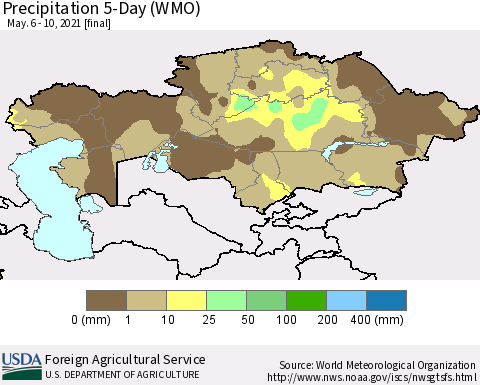Kazakhstan Precipitation 5-Day (WMO) Thematic Map For 5/6/2021 - 5/10/2021