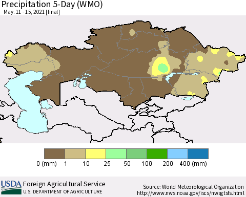 Kazakhstan Precipitation 5-Day (WMO) Thematic Map For 5/11/2021 - 5/15/2021