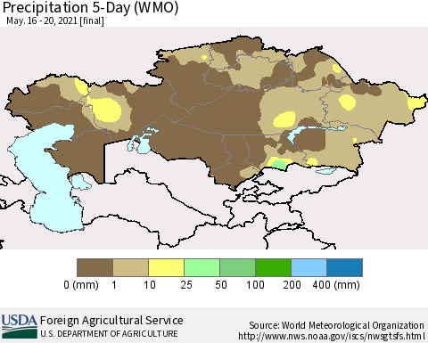 Kazakhstan Precipitation 5-Day (WMO) Thematic Map For 5/16/2021 - 5/20/2021