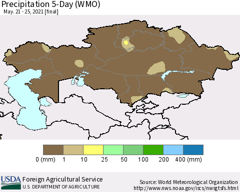 Kazakhstan Precipitation 5-Day (WMO) Thematic Map For 5/21/2021 - 5/25/2021