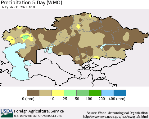 Kazakhstan Precipitation 5-Day (WMO) Thematic Map For 5/26/2021 - 5/31/2021