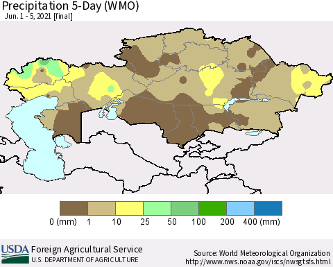 Kazakhstan Precipitation 5-Day (WMO) Thematic Map For 6/1/2021 - 6/5/2021