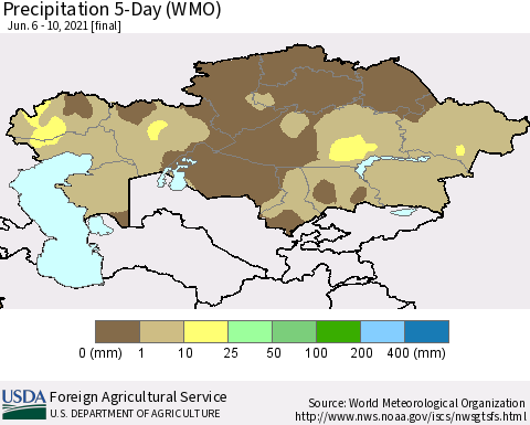 Kazakhstan Precipitation 5-Day (WMO) Thematic Map For 6/6/2021 - 6/10/2021