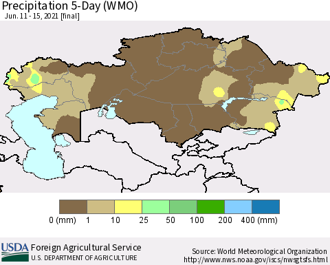 Kazakhstan Precipitation 5-Day (WMO) Thematic Map For 6/11/2021 - 6/15/2021