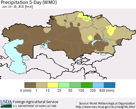 Kazakhstan Precipitation 5-Day (WMO) Thematic Map For 6/16/2021 - 6/20/2021