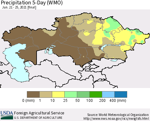 Kazakhstan Precipitation 5-Day (WMO) Thematic Map For 6/21/2021 - 6/25/2021