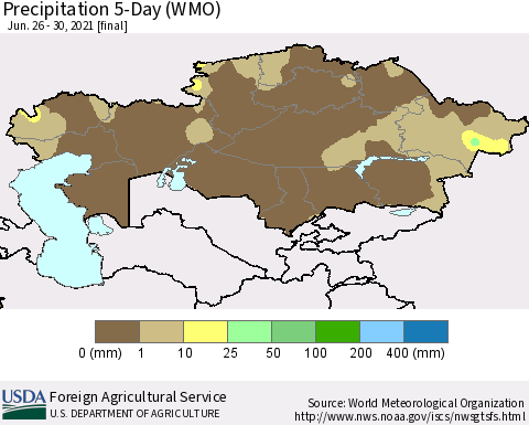 Kazakhstan Precipitation 5-Day (WMO) Thematic Map For 6/26/2021 - 6/30/2021