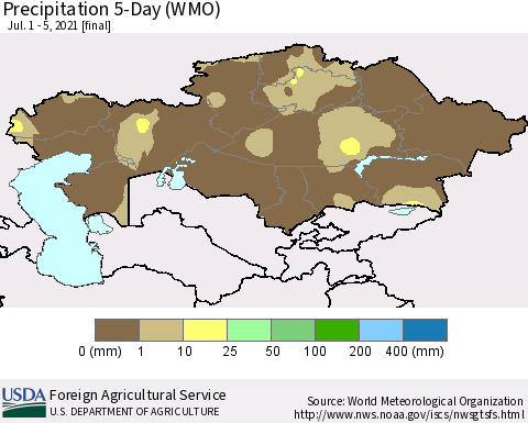 Kazakhstan Precipitation 5-Day (WMO) Thematic Map For 7/1/2021 - 7/5/2021