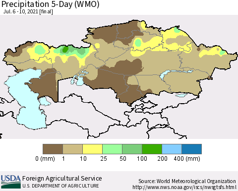 Kazakhstan Precipitation 5-Day (WMO) Thematic Map For 7/6/2021 - 7/10/2021