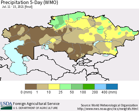 Kazakhstan Precipitation 5-Day (WMO) Thematic Map For 7/11/2021 - 7/15/2021