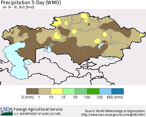 Kazakhstan Precipitation 5-Day (WMO) Thematic Map For 7/16/2021 - 7/20/2021