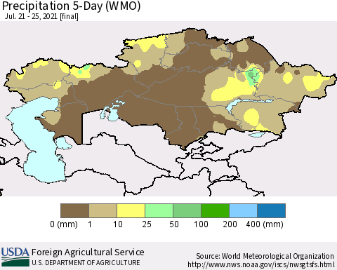 Kazakhstan Precipitation 5-Day (WMO) Thematic Map For 7/21/2021 - 7/25/2021
