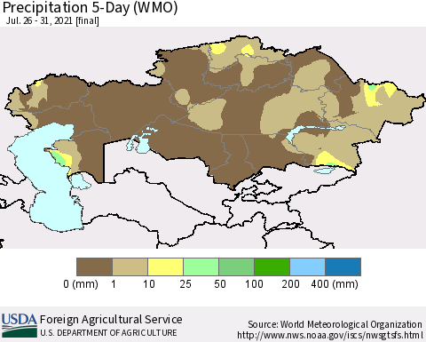 Kazakhstan Precipitation 5-Day (WMO) Thematic Map For 7/26/2021 - 7/31/2021