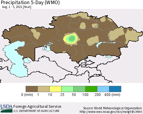 Kazakhstan Precipitation 5-Day (WMO) Thematic Map For 8/1/2021 - 8/5/2021