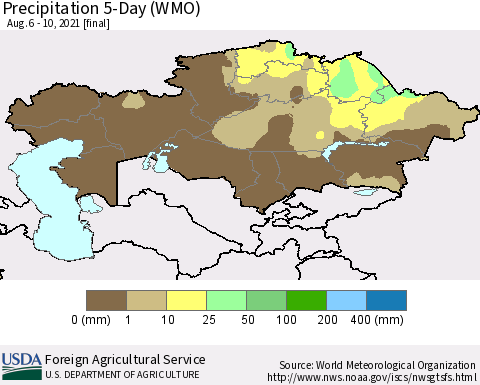 Kazakhstan Precipitation 5-Day (WMO) Thematic Map For 8/6/2021 - 8/10/2021