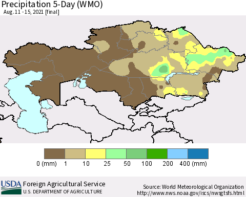 Kazakhstan Precipitation 5-Day (WMO) Thematic Map For 8/11/2021 - 8/15/2021