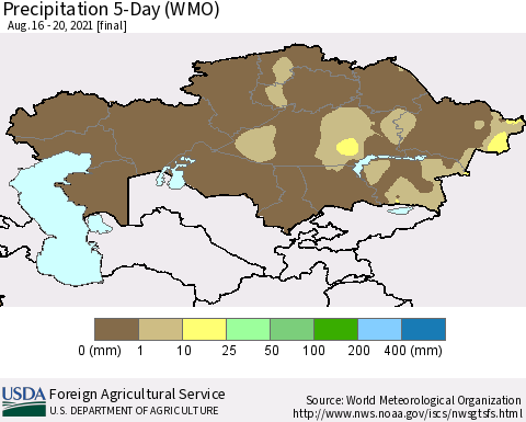 Kazakhstan Precipitation 5-Day (WMO) Thematic Map For 8/16/2021 - 8/20/2021