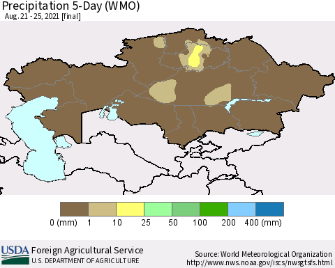 Kazakhstan Precipitation 5-Day (WMO) Thematic Map For 8/21/2021 - 8/25/2021