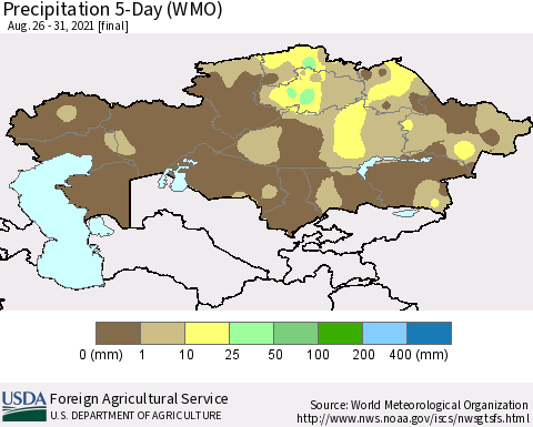 Kazakhstan Precipitation 5-Day (WMO) Thematic Map For 8/26/2021 - 8/31/2021