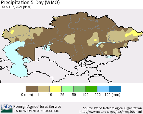 Kazakhstan Precipitation 5-Day (WMO) Thematic Map For 9/1/2021 - 9/5/2021