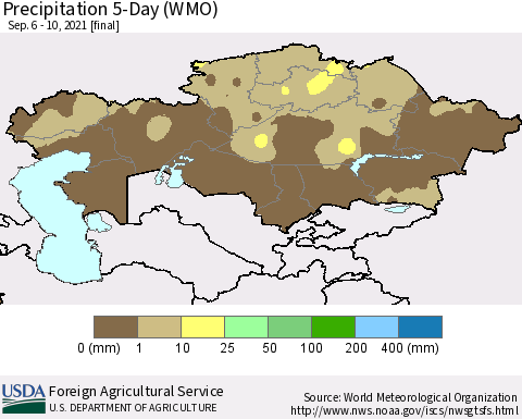Kazakhstan Precipitation 5-Day (WMO) Thematic Map For 9/6/2021 - 9/10/2021