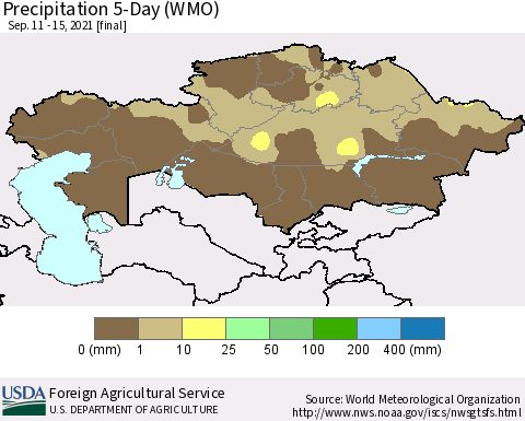 Kazakhstan Precipitation 5-Day (WMO) Thematic Map For 9/11/2021 - 9/15/2021
