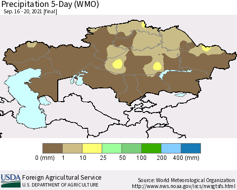 Kazakhstan Precipitation 5-Day (WMO) Thematic Map For 9/16/2021 - 9/20/2021