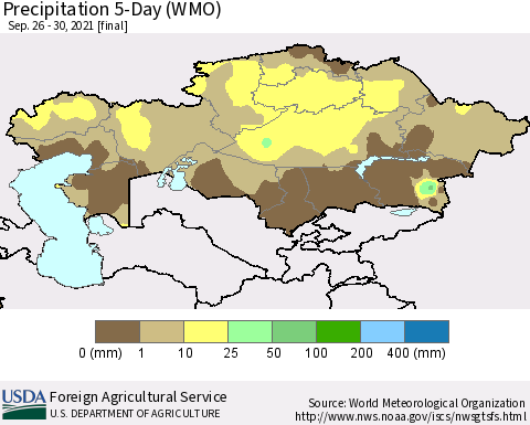 Kazakhstan Precipitation 5-Day (WMO) Thematic Map For 9/26/2021 - 9/30/2021