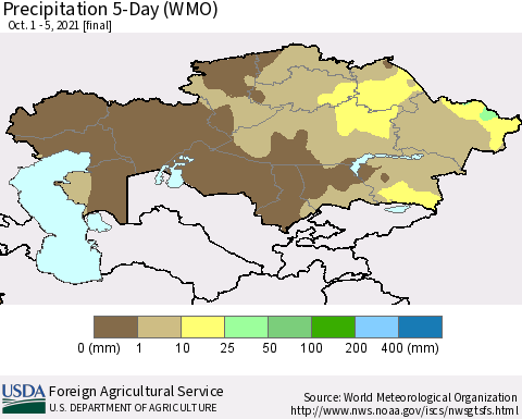 Kazakhstan Precipitation 5-Day (WMO) Thematic Map For 10/1/2021 - 10/5/2021