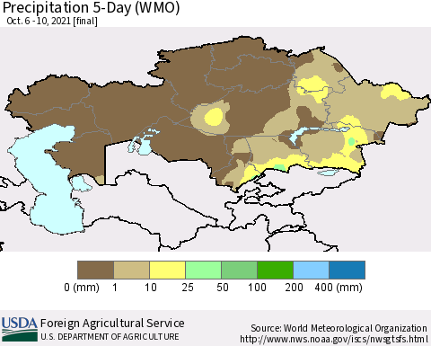 Kazakhstan Precipitation 5-Day (WMO) Thematic Map For 10/6/2021 - 10/10/2021