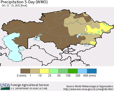 Kazakhstan Precipitation 5-Day (WMO) Thematic Map For 10/11/2021 - 10/15/2021